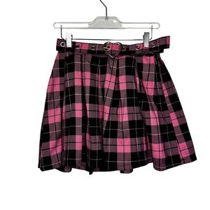 Hot Topic Pink Black Plaid Pleated Mini Skirt Heart Buckle Belt O Ring Detail SM